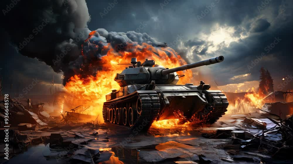 Military heavy armored tanks in battle shoot at each other burn and explode on the battlefield in war