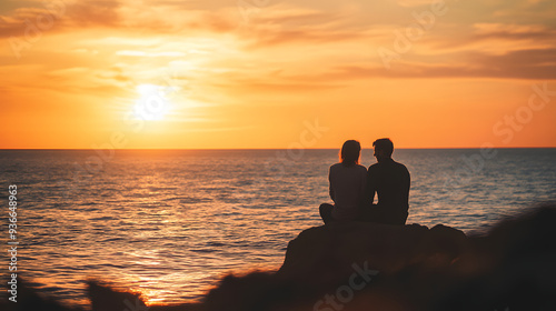 Romantic couple sitting on rocks by the sea watching sunset, capturing genuine emotions and authentic moments in a natural setting with a beautiful sky in the background