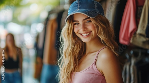 Young woman smiling while wearing a cap in a vibrant indoor setting during da...