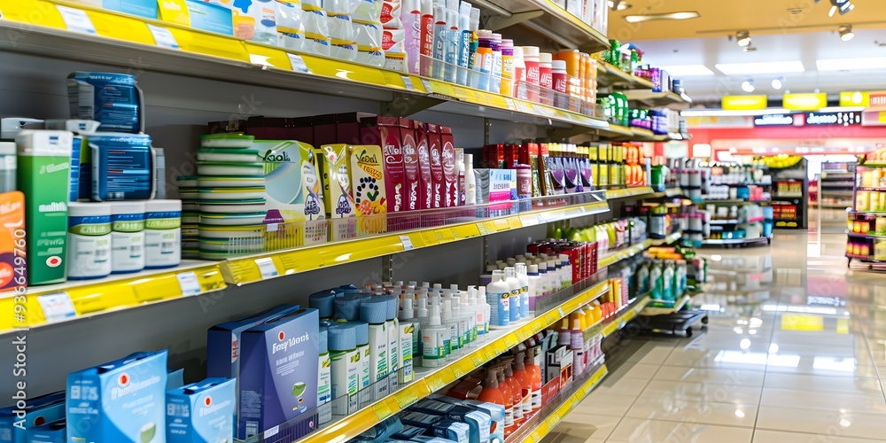 Naklejka premium Grocery Store Aisle with Products on Shelves