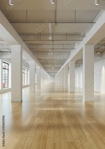 Empty Modern Office Space with White Columns and Wooden Floor