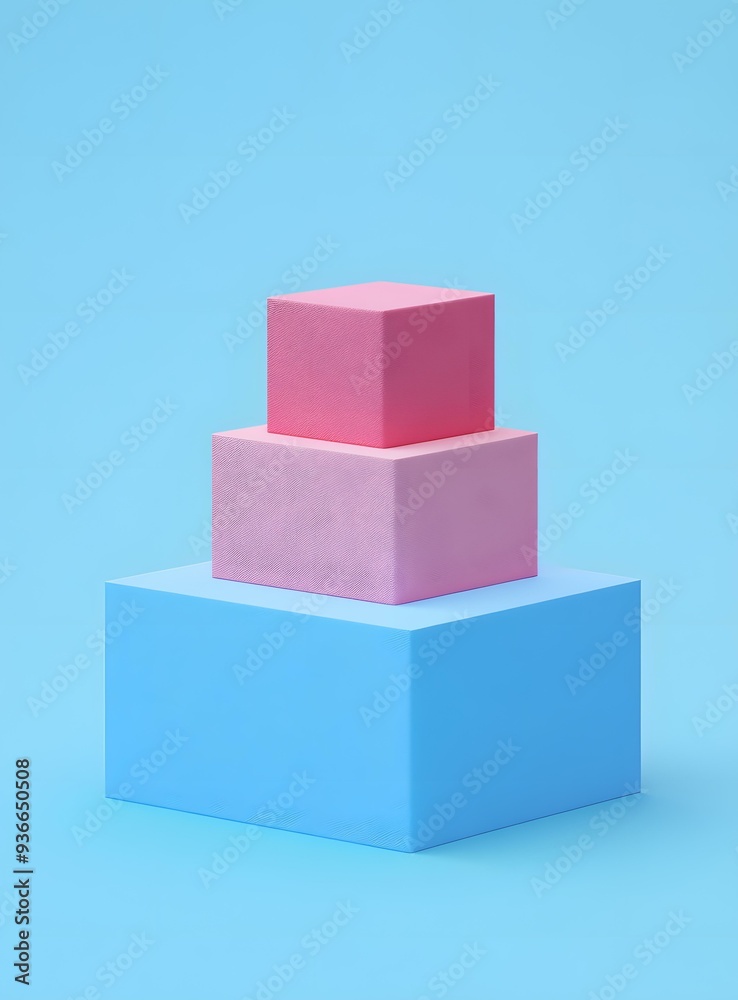 Stack of Three Pastel Pink and Blue Cubes on Blue Background Stack of Three Pastel Pink and Blue Cubes on Blue Background