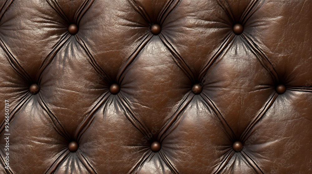 Fototapeta premium Brown leather upholstery with tufted buttons.
