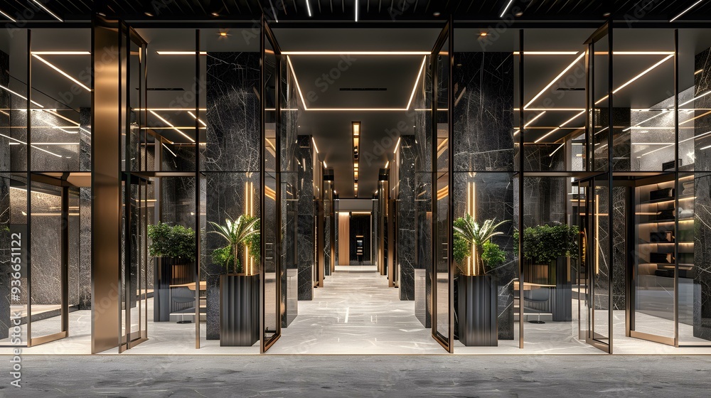 Modern Building Lobby With Black Marble Wall And Golden Accents Modern Building Lobby With Black Marble Wall And Golden Accents