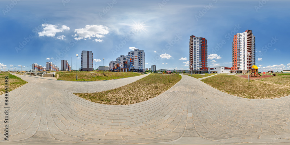 360 hdri panorama in middle of residential complex among skyscrapers buildings with outdoor exercise equipment gym in equirectangular projection. landscaping concept