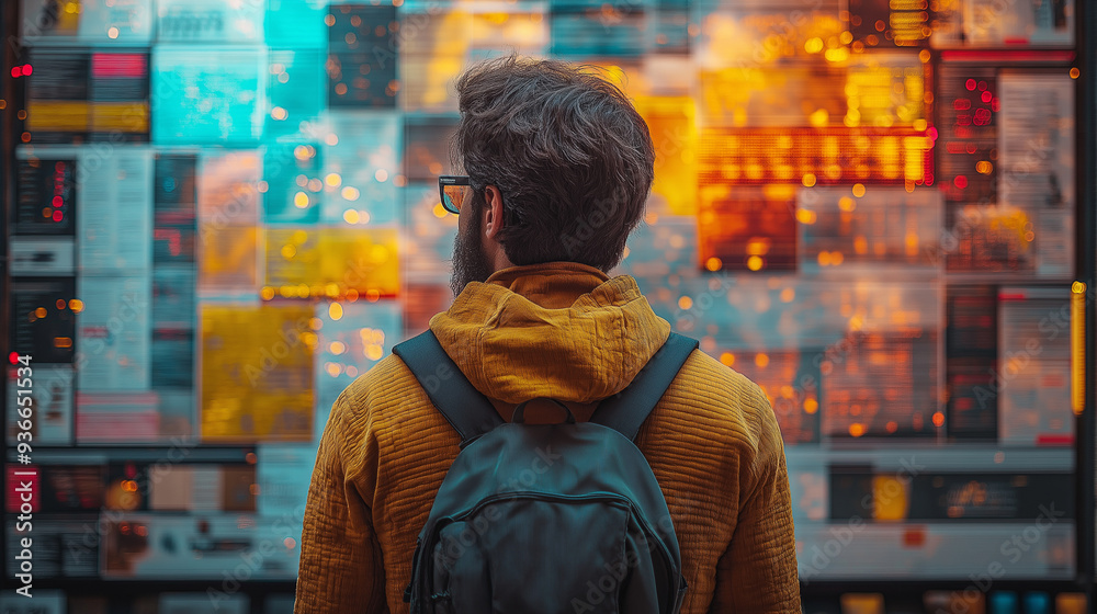 Man in Yellow Jacket Analyzing Data on a Wall of Screens with Digital Effects Man in Yellow Jacket Analyzing Data on a Wall of Screens with Digital Effects