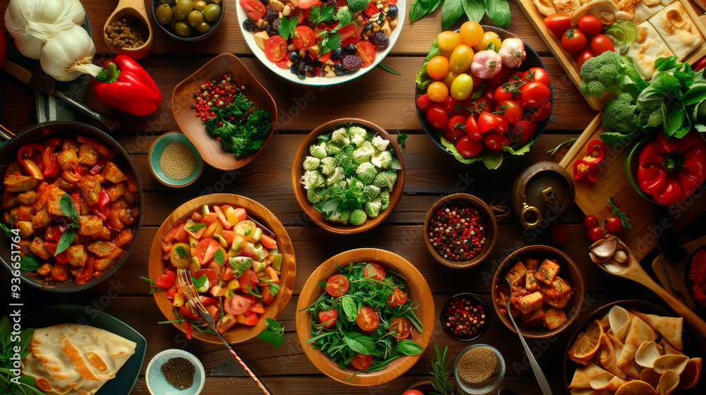Gourmet dishes, fresh ingredients, cuisines from different cultures, food preparation, and shared meals.