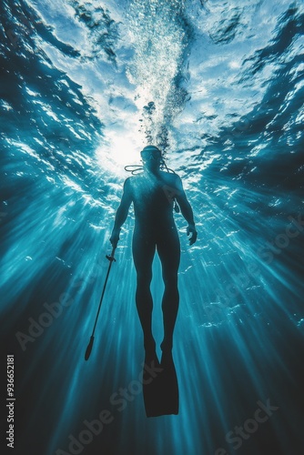 Diver exploring underwater rays of light in a clear ocean