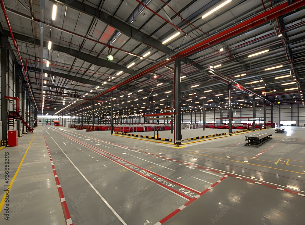 Large Empty Industrial Warehouse Interior with Red Lines