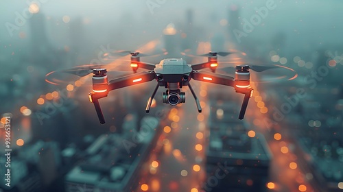 A futuristic drone capturing an aerial view of a modern city, symbolizing new perspectives in innovation.