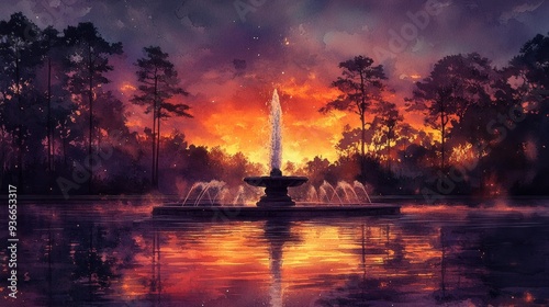 Beautiful Fountain at Sunset with Reflective Water Generative AI