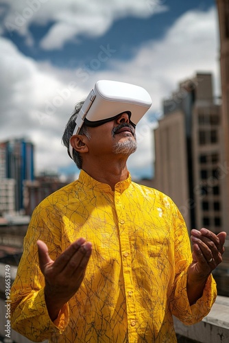 Man wearing virtual reality headset stands on a bridge in a bustling urban ar...