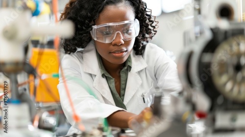 Young female scientist wearing safety glasses and a lab coat works on a project in a laboratory. AI.