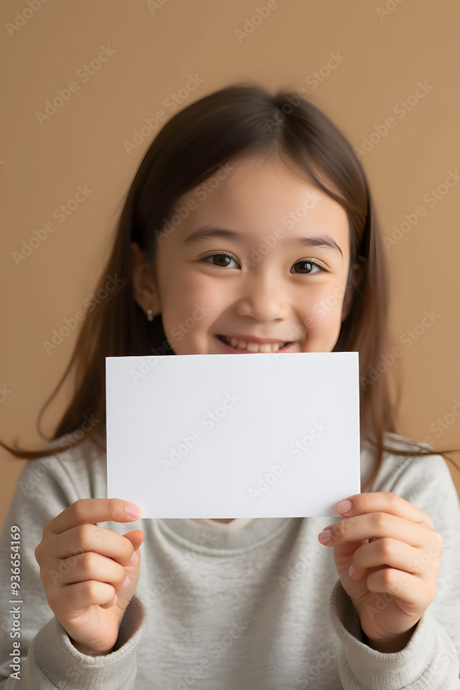 A smiling young girl holding a blank white card in a cozy indoor setting, perfect for personalized messages, educational content, or children's invitations.
A smiling young girl holding a blank white card in a cozy indoor setting, perfect for personalized messages, educational content, or children's invitations.