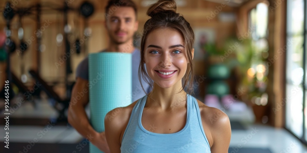 Fototapeta premium A young woman and a man are getting ready to do yoga. AI.