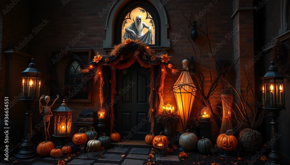 Obraz premium A spooky Halloween scene with a ghost in the window, pumpkins, and lit lanterns on the porch of a brick house.