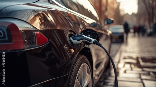 Close-up of an electric car being charged, with the charging plug inserted into the vehicle, set against a sleek, contemporary backdrop