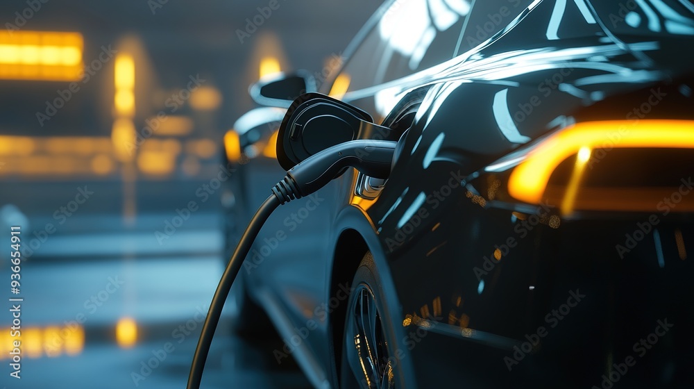 Close-up of an electric car being charged, with the charging plug inserted into the vehicle, set against a sleek, contemporary backdrop Close-up of an electric car being charged, with the charging plug inserted into the vehicle, set against a sleek, contemporary backdrop