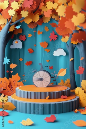 Colorful autumn landscape with paper art leaves and a spool on a pedestal