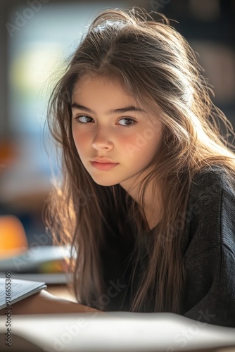 Young woman reading a book in a cozy indoor study space in the afternoon