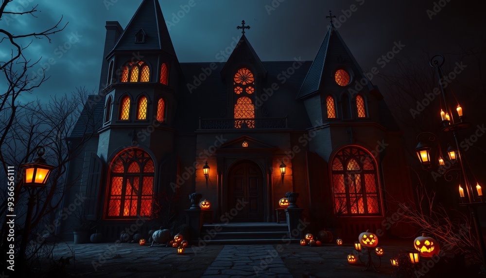 A spooky gothic mansion with lit windows and jack-o-lanterns on the front steps on a dark night. A spooky gothic mansion with lit windows and jack-o-lanterns on the front steps on a dark night.