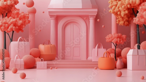 Pink-themed decorative display with whimsical trees and various bags during d...
