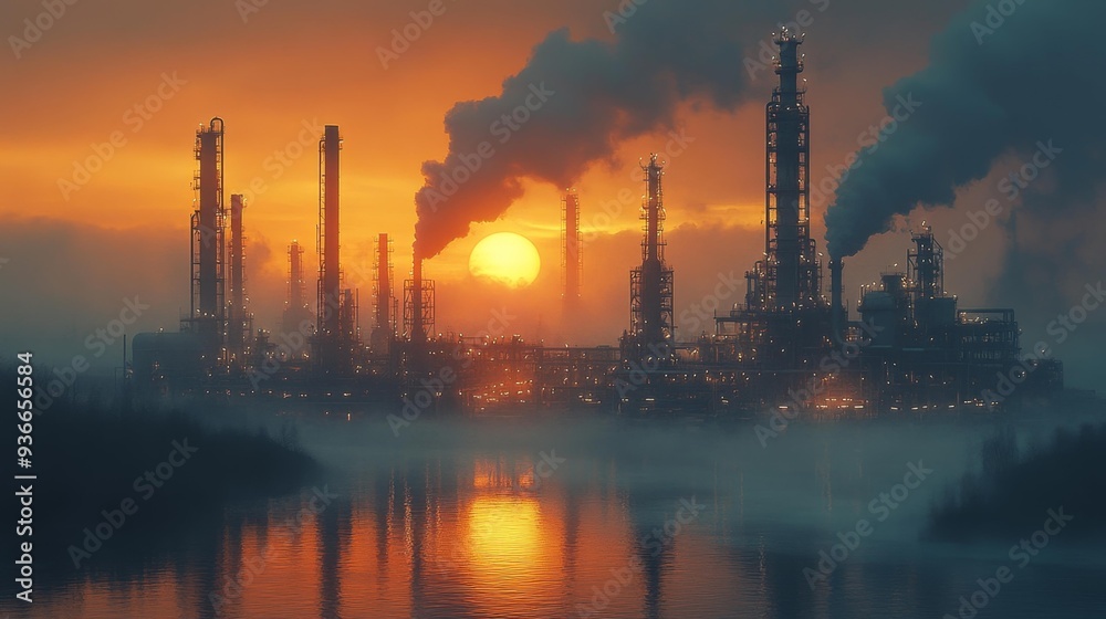 Industrial landscape at sunset with heavy smoke - generative ai Industrial landscape at sunset with heavy smoke - generative ai