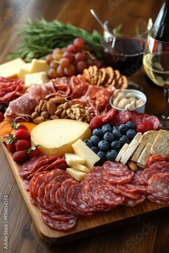 Charcuterie board featuring assorted meats, cheeses, nuts, and crackers on a ...