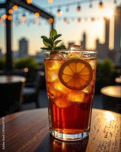 A classic Long Island Iced Tea garnished with lemon and mint, sitting on a rooftop table at sunset, with city lights and a warm golden glow in the background.