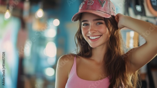 Young woman smiling while wearing a cap in a vibrant indoor setting during da...