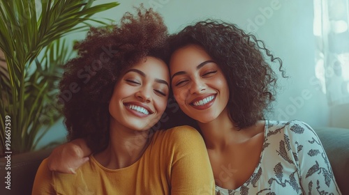 Two friends smiling together in a cozy living room with natural sunlight filt...