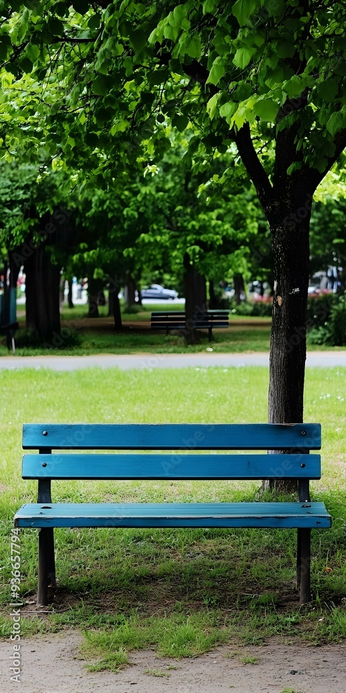 Fototapeta premium Blue Wooden Bench in a Green Park