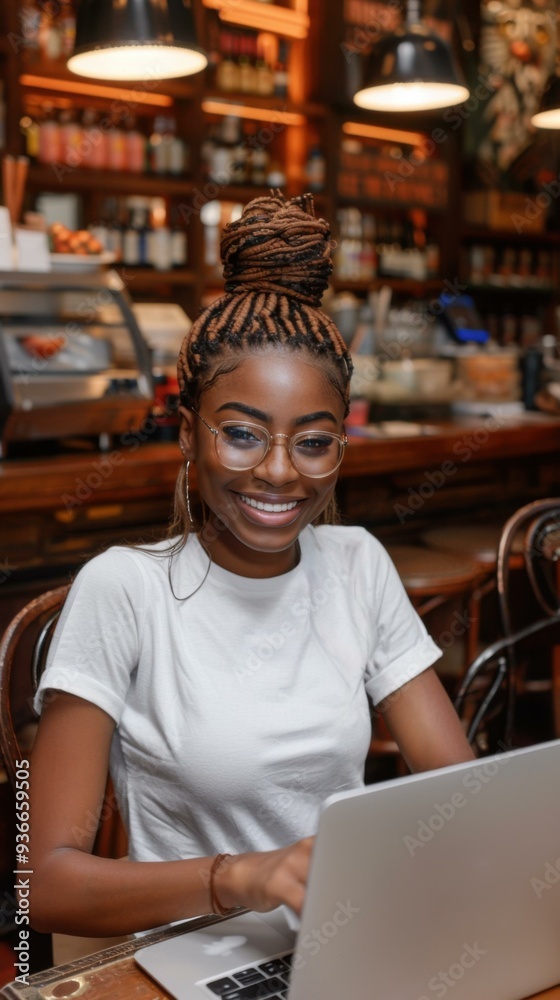 A woman smiling while using a laptop computer in an office. AI. A woman smiling while using a laptop computer in an office. AI.