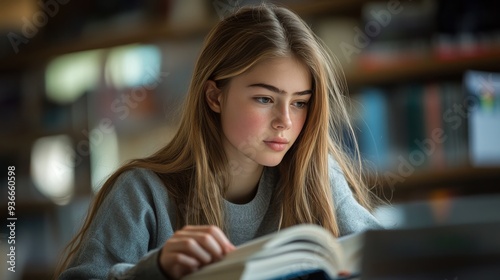 Young woman with long hair resting her head on hands while studying in a cozy...