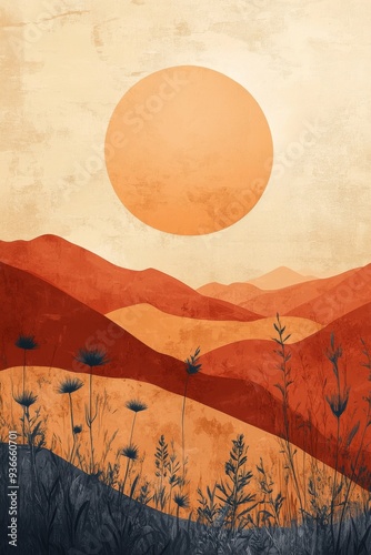 Sunset over rolling hills with wildflowers in a serene landscape