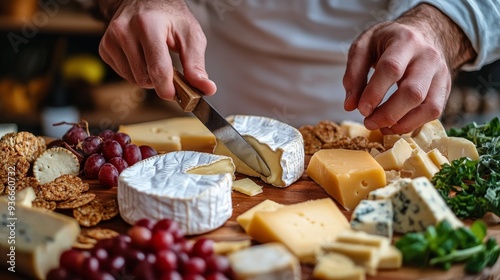 Artisan cheese board preparation with fresh ingredients and various cheese types