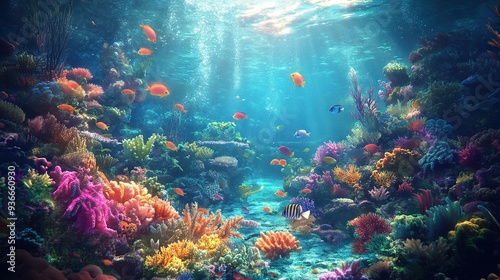 An underwater coral reef habitat teeming with colorful fish  corals  and marine life  showcasing the vibrant ecosystem