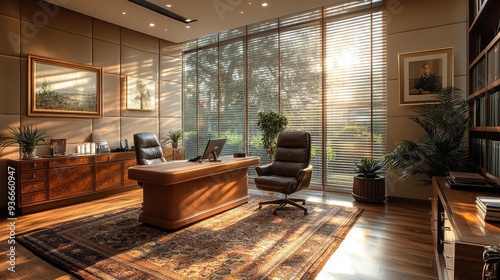 Luxurious office with warm sunlight and greenery - generative ai