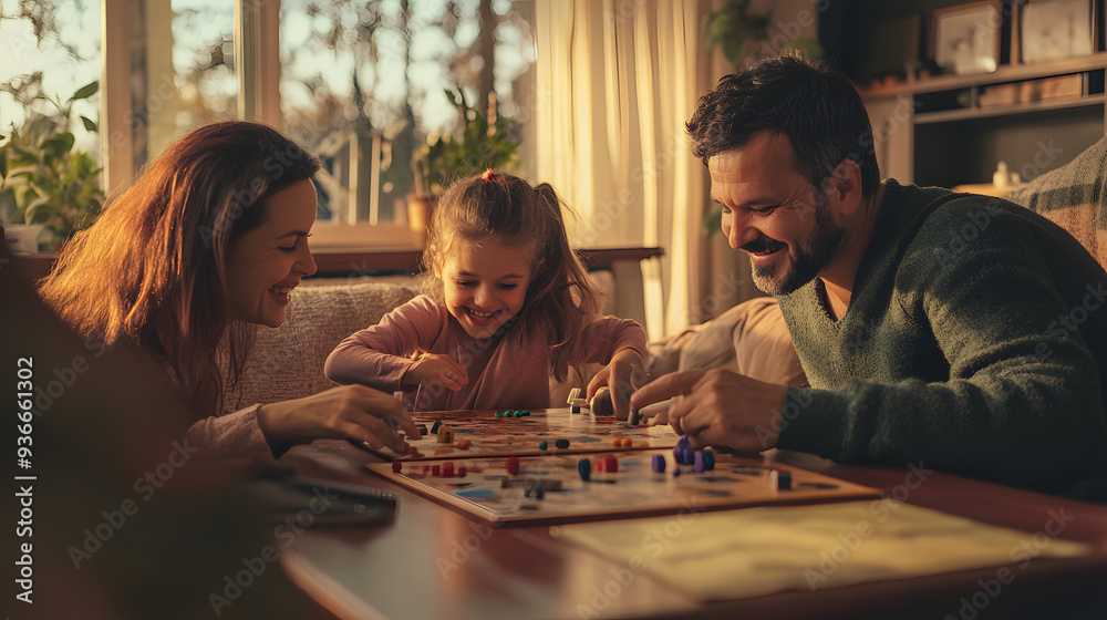 Family playing board game together at home, laughing and enjoying quality time, warm evening sunlight through window, depicting love, happiness, and togetherness Family playing board game together at home, laughing and enjoying quality time, warm evening sunlight through window, depicting love, happiness, and togetherness
