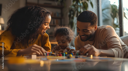 Happy family playing board games together, enjoying quality time at home, parents bonding with their child, family game night in cozy living room, nurturing family relationships