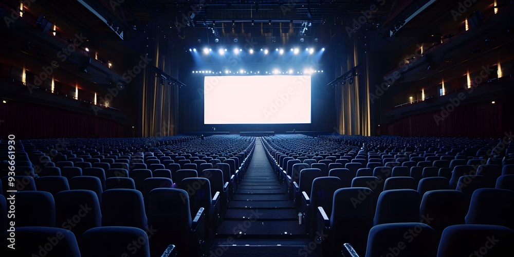 Naklejka premium Empty Auditorium with Big Screen and Blue Seats