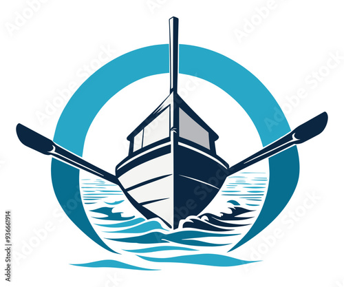 Fishing boat with oars on in a calm sea illustration