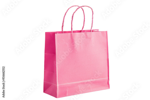 A pink paper shopping bag with sturdy twisted handles, isolated on a white background. The bag's simple design and vibrant color make it ideal for retail and gift-giving purposes. PNG File,