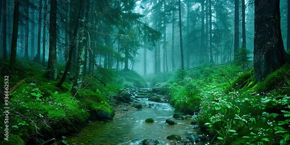 Obraz premium Foggy forest in cloudy weather