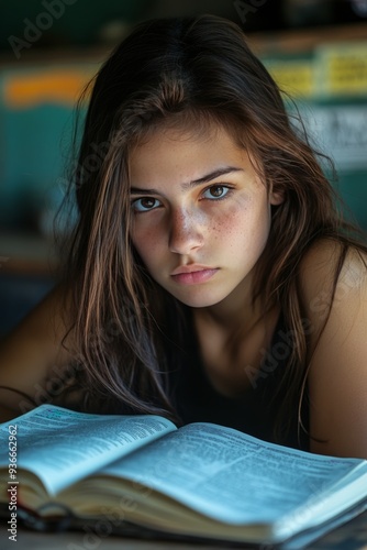 Young woman studying intently with a book in a quiet classroom during the aft...