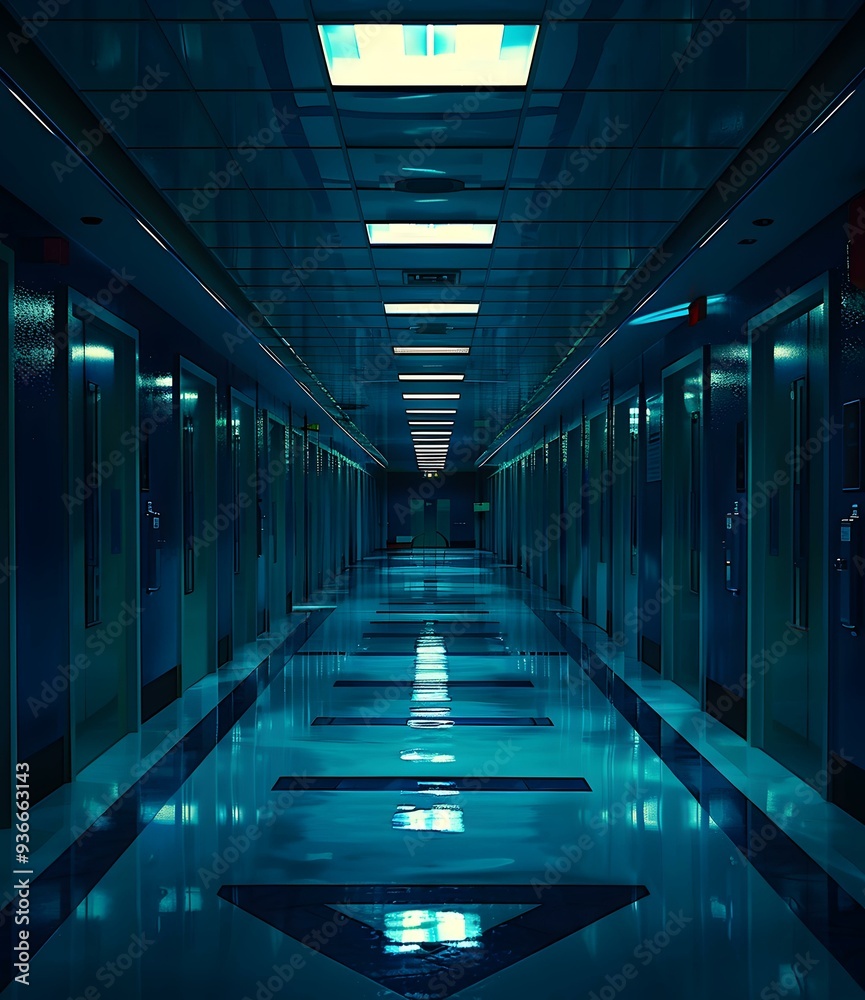 Obraz premium Empty Hallway With Blue Lighting And Doors