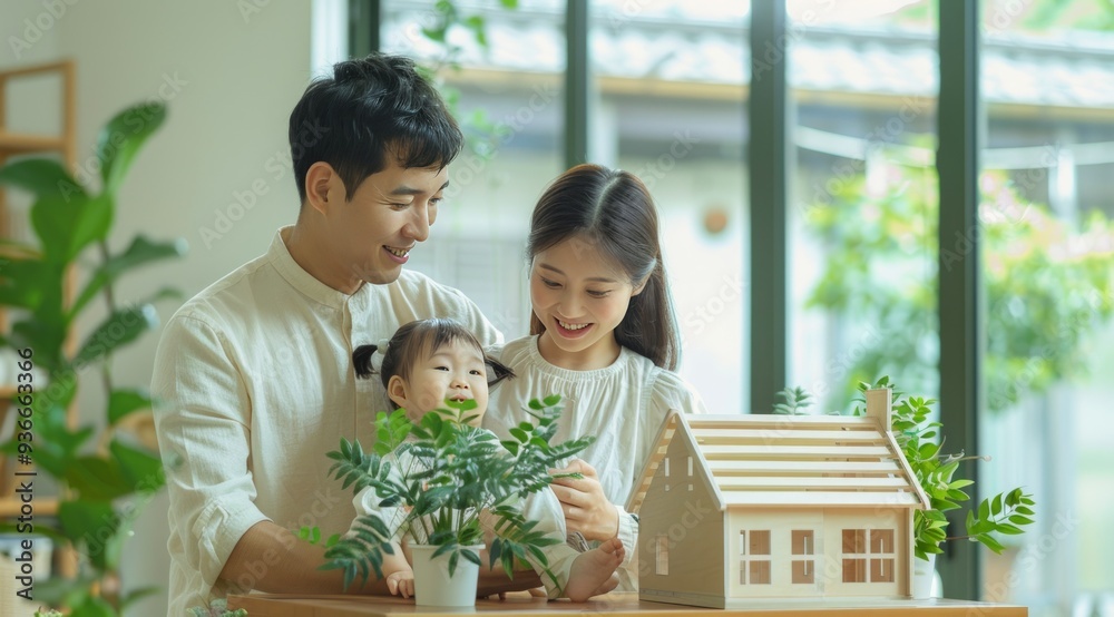 A happy family builds wooden models in their cozy, plantfilled home with natural sunlight streaming in A happy family builds wooden models in their cozy, plantfilled home with natural sunlight streaming in
