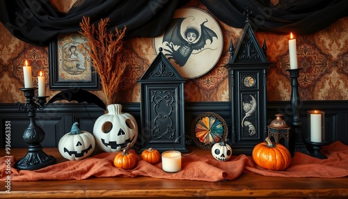 A spooky halloween still life with jack-o-lanterns, candles, and antique decor.