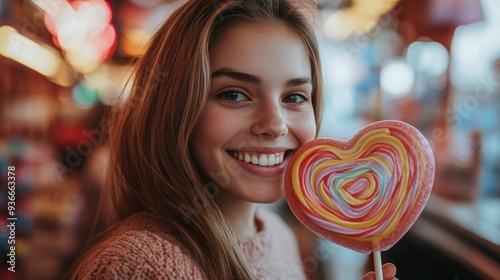 Young woman smiling with a heart-shaped lollipop at a carnival during twilight