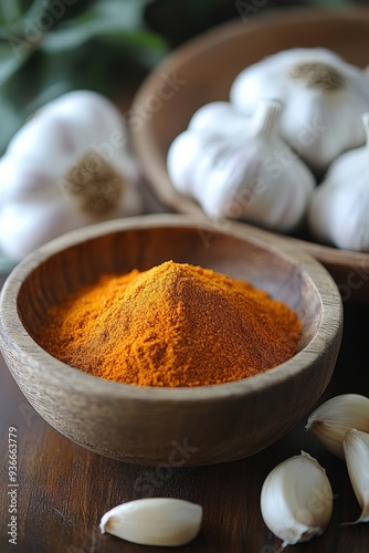 Fresh garlic and vibrant spices arranged in rustic bowls on a wooden surface